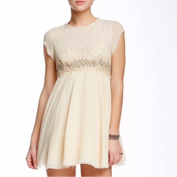 Free People Champagne Sequin Beaded Embellished Chiffon Formal Babydoll Dress - Picture 3 of 11